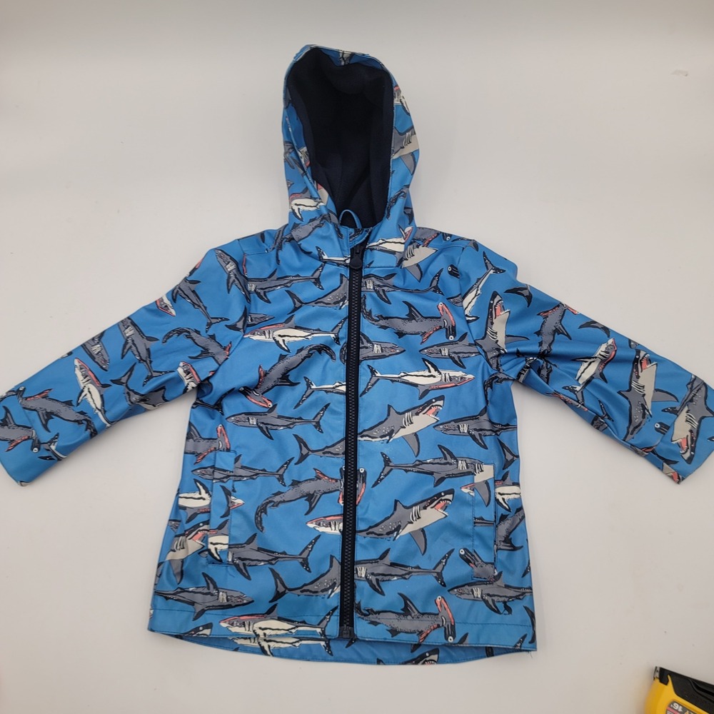 Joules Kids Blue Shark Print Hooded Fleece Lined Raincoat Jacket Size 4Y 104cm